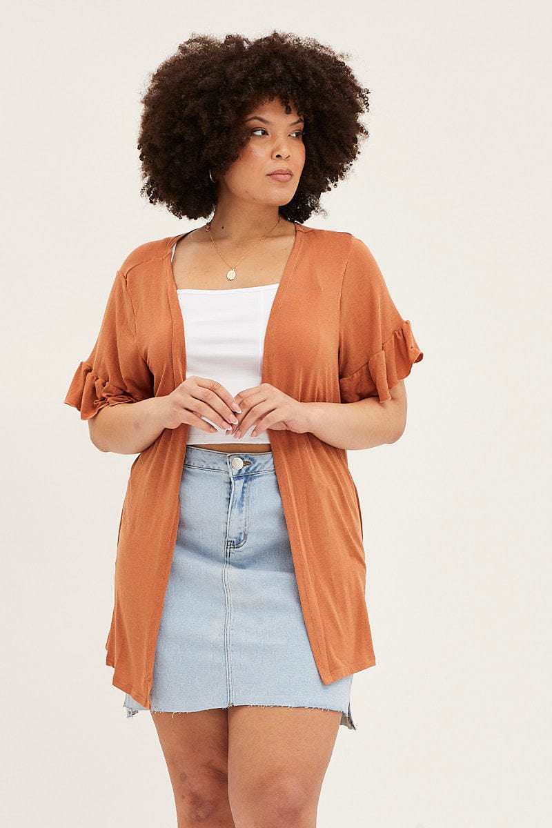 Beige Ruffle Sleeve Longline Cardigan - Image 3