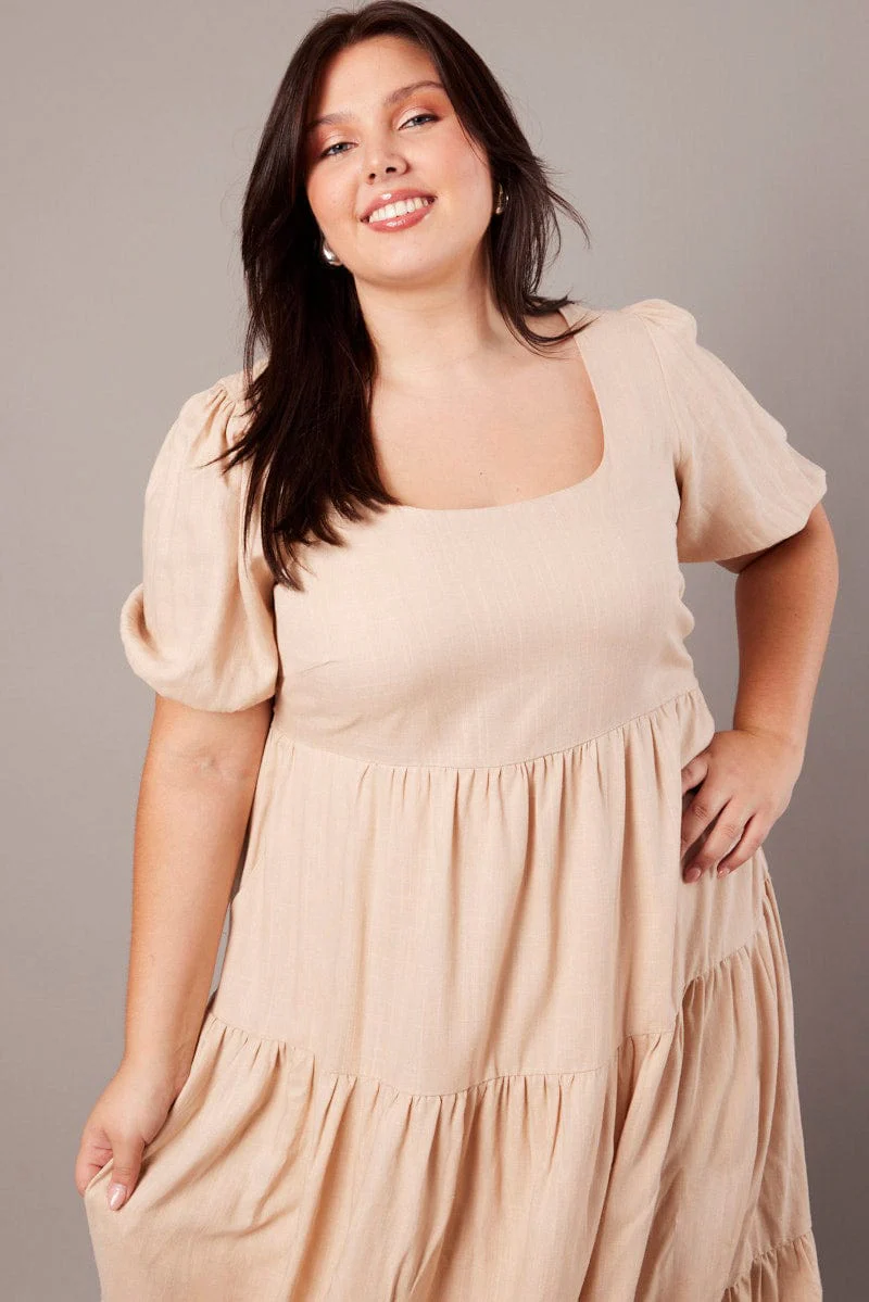 Beige Scoop Neck Linen Maxidress With Pockets - Image 3