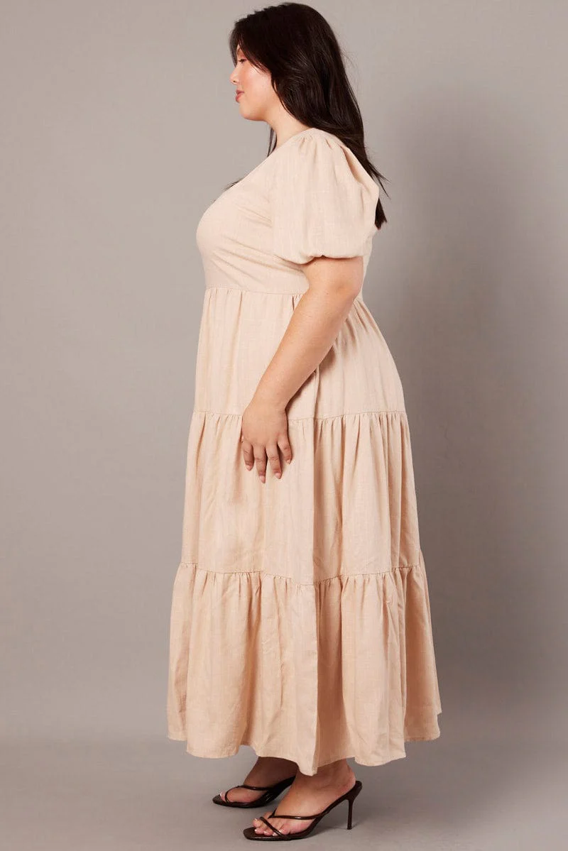 Beige Scoop Neck Linen Maxidress With Pockets - Image 4
