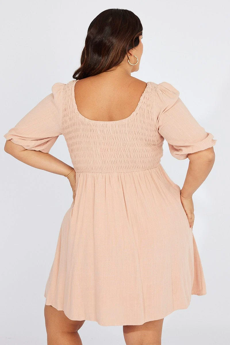 Beige Shirred Bodice Scoop Neck Minidress Linen Blend - Image 5