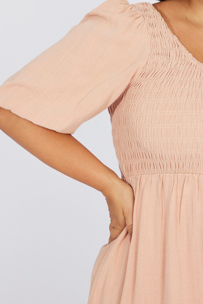 Beige Shirred Bodice Scoop Neck Minidress Linen Blend - Image 6