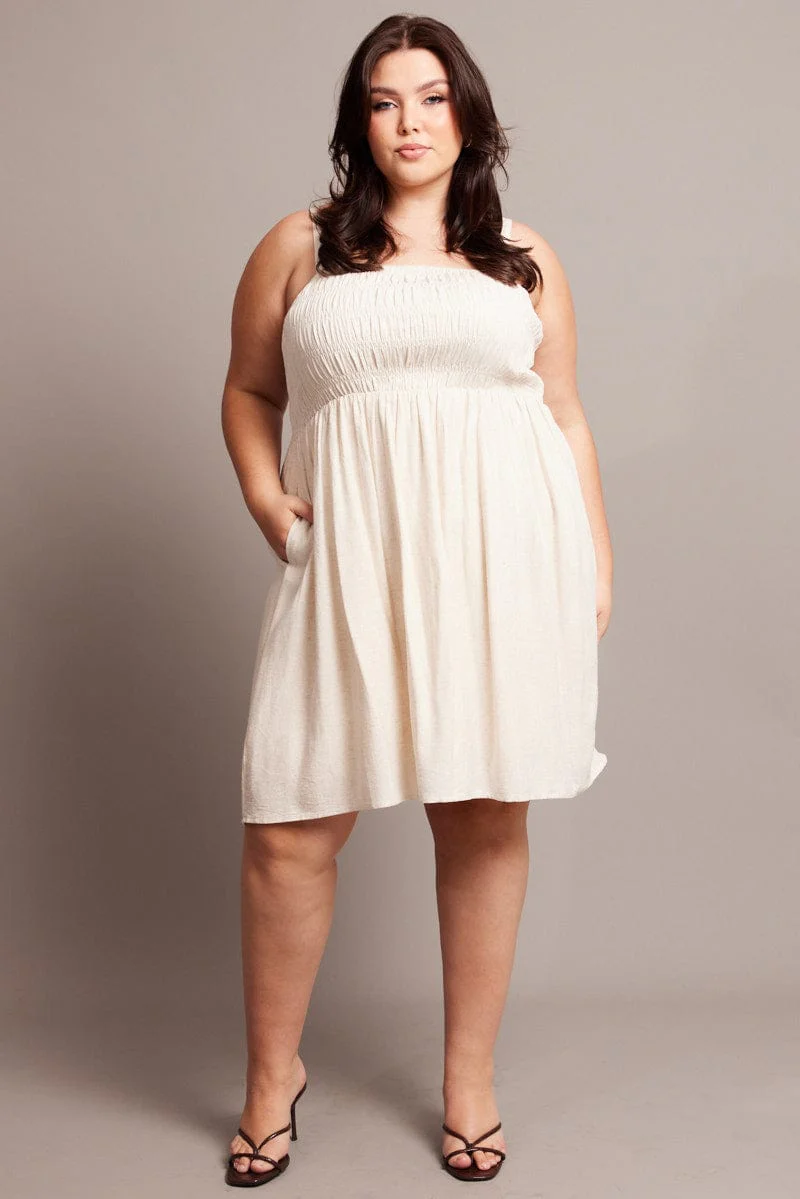 Beige Shirred Bodice Shoestring Strap Minidress - Image 2