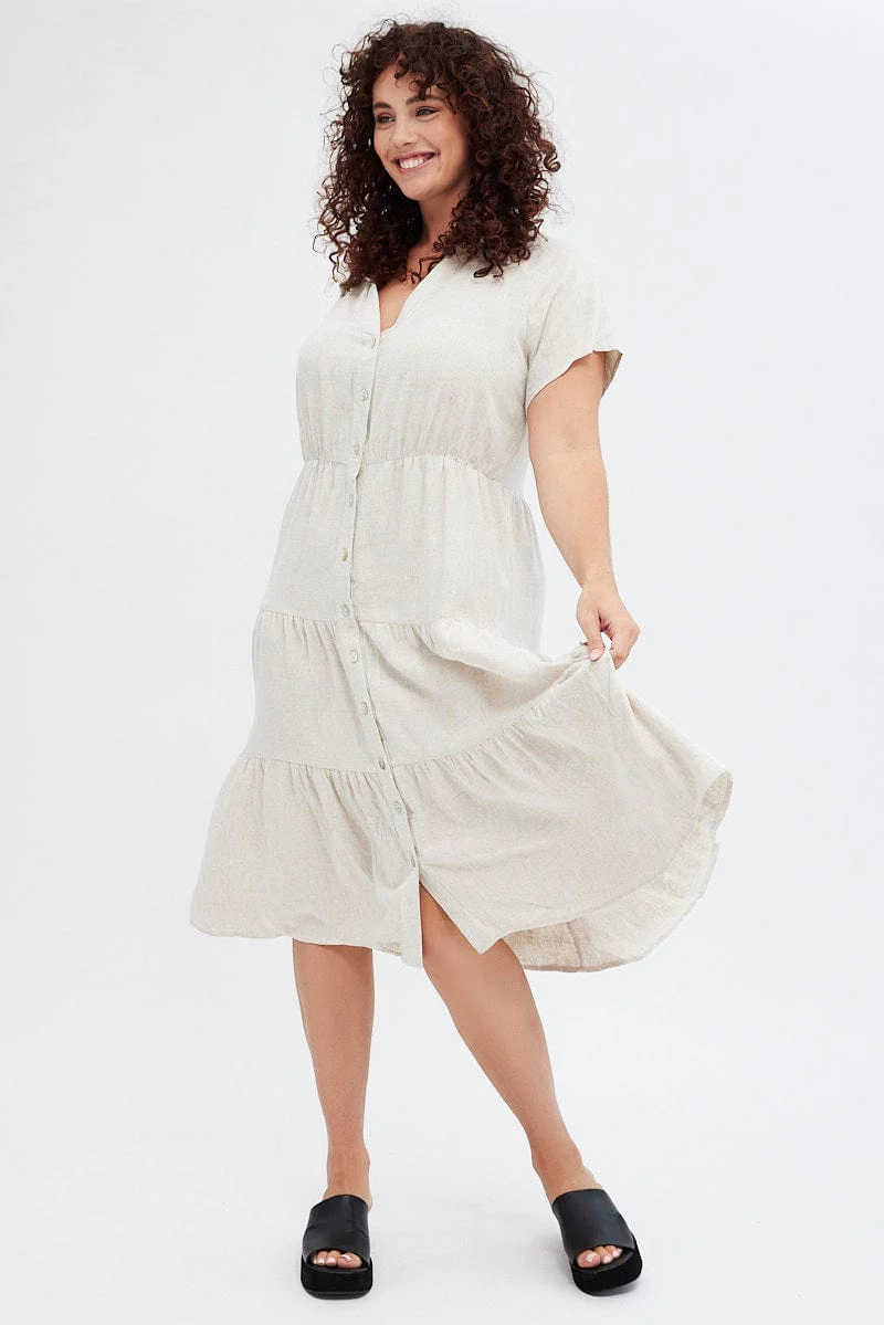 Beige Shirtdress Midi Button Linen Blend Short Sleeve - Image 3