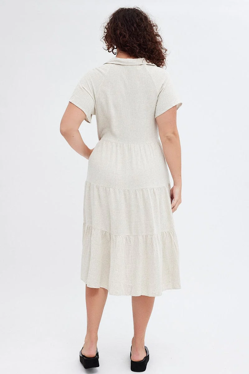 Beige Shirtdress Midi Button Linen Blend Short Sleeve - Image 5