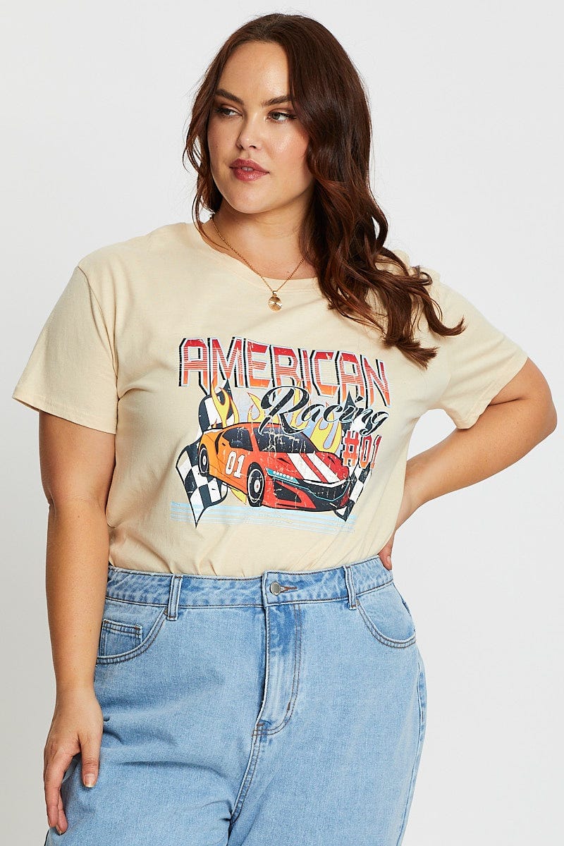 Beige Short Sleeve American Racing Regular Sand T-shirt