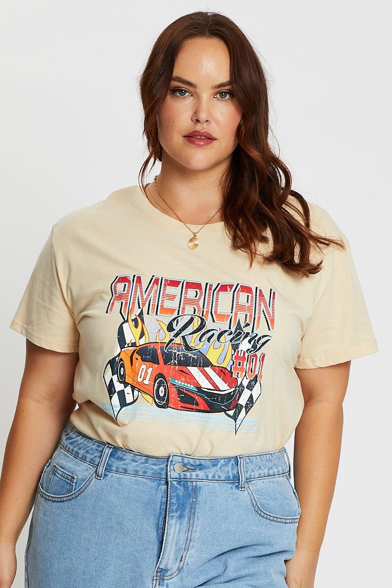 Beige Short Sleeve American Racing Regular Sand T-shirt - Image 3