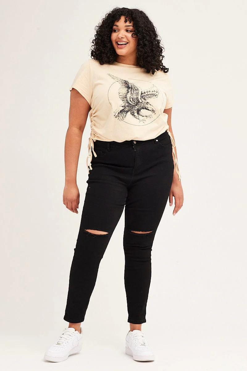 Beige Short Sleeve Eagle Drawstring T-shirt - Image 2