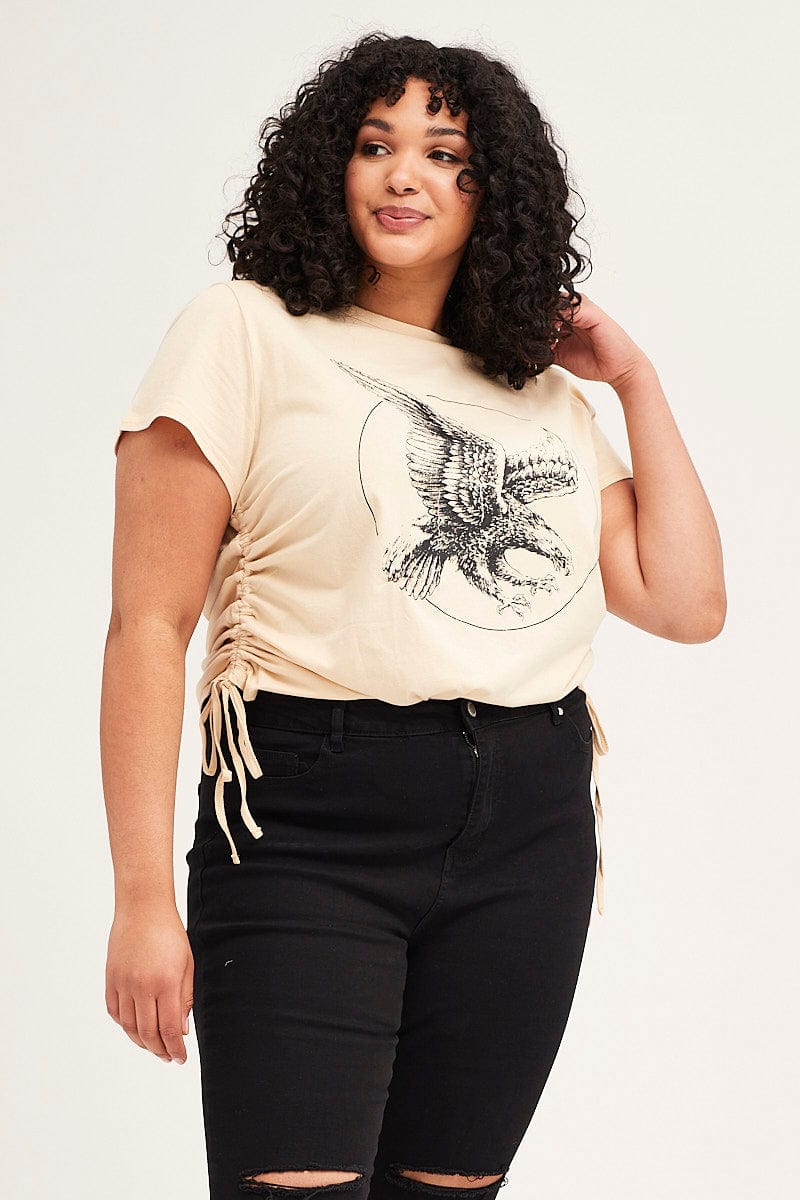 Beige Short Sleeve Eagle Drawstring T-shirt - Image 3