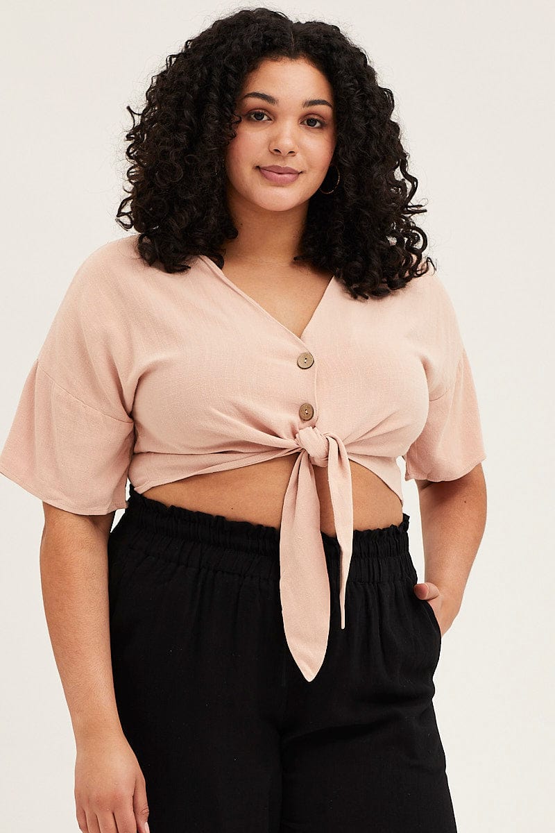 Beige Short Sleeve Linen Blend Tie Front Shirt - Image 3