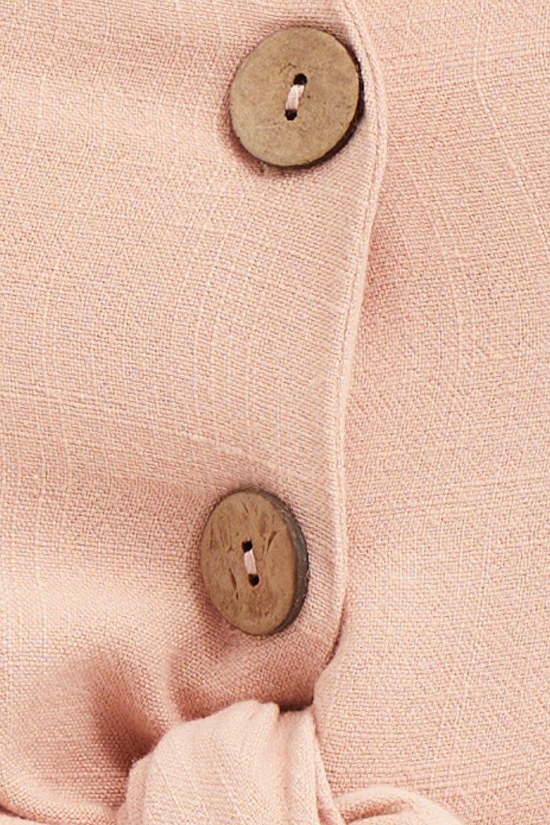 Beige Short Sleeve Linen Blend Tie Front Shirt - Image 6