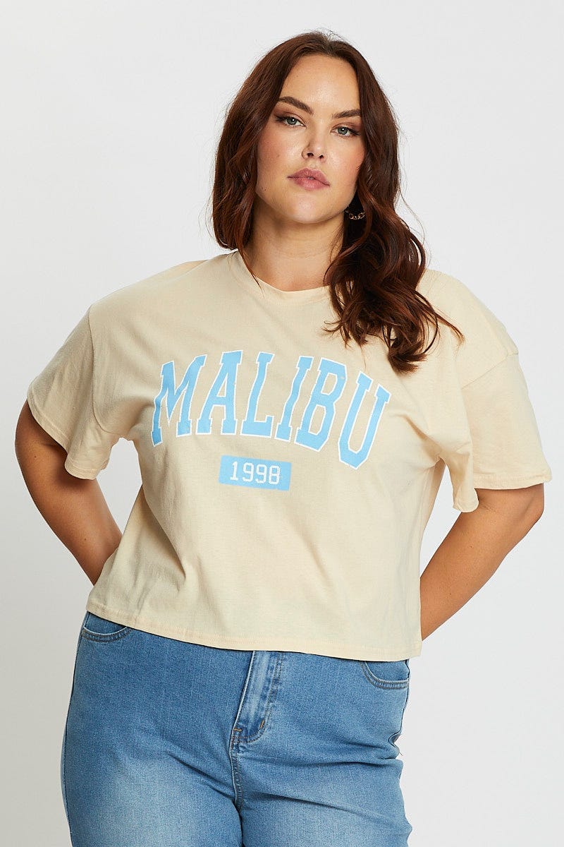 Beige Short Sleeve Malibu Semi Crop Sand T-shirt - Image 3