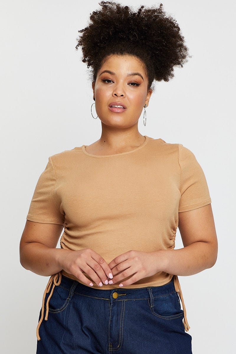 Beige Short Sleeve Oatmeal Drawstring Side Top - Image 3