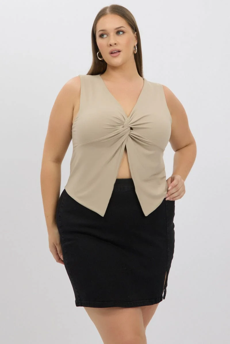 Beige Sleeveless Twist V Neck Supersoft - Image 3