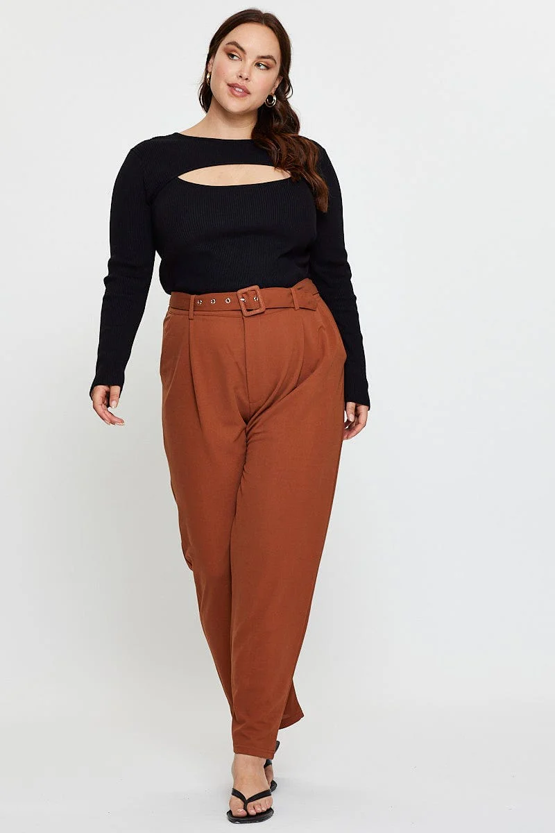Beige Slim Leg Pants High Rise Belted - Image 3