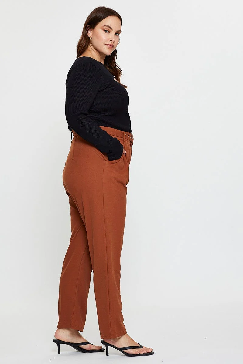 Beige Slim Leg Pants High Rise Belted - Image 4