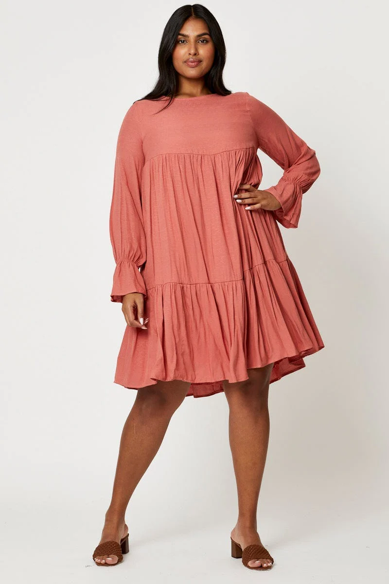 Beige Smock Dress Round Neck Long Sleeve Ruffle - Image 2