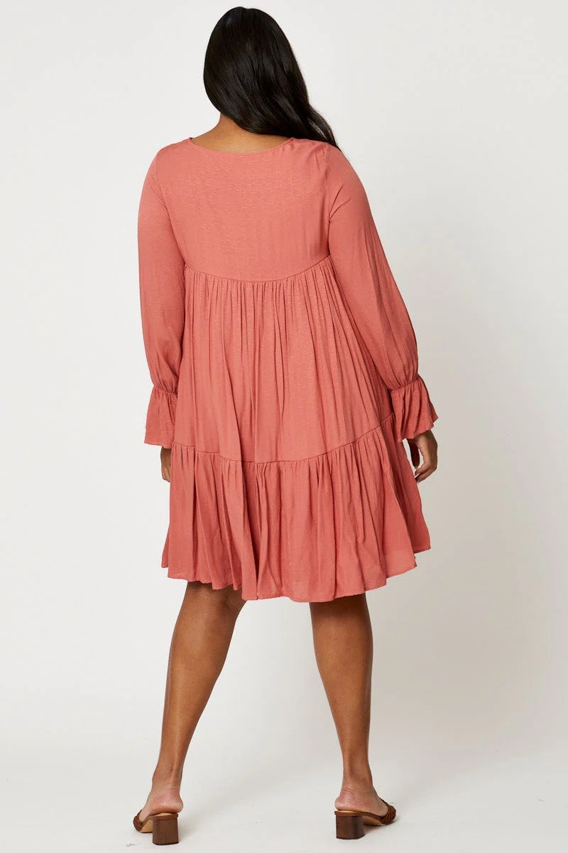 Beige Smock Dress Round Neck Long Sleeve Ruffle - Image 4