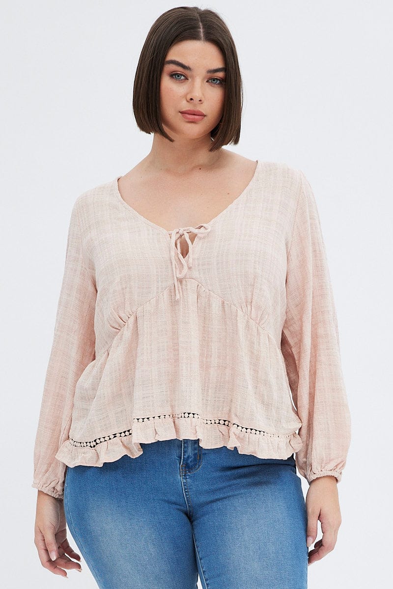 Beige Smock Top Long Sleeve V-neck - Image 3