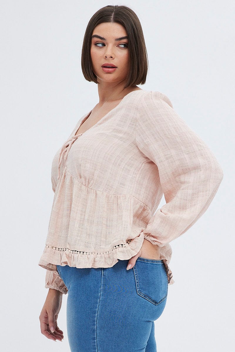 Beige Smock Top Long Sleeve V-neck - Image 4