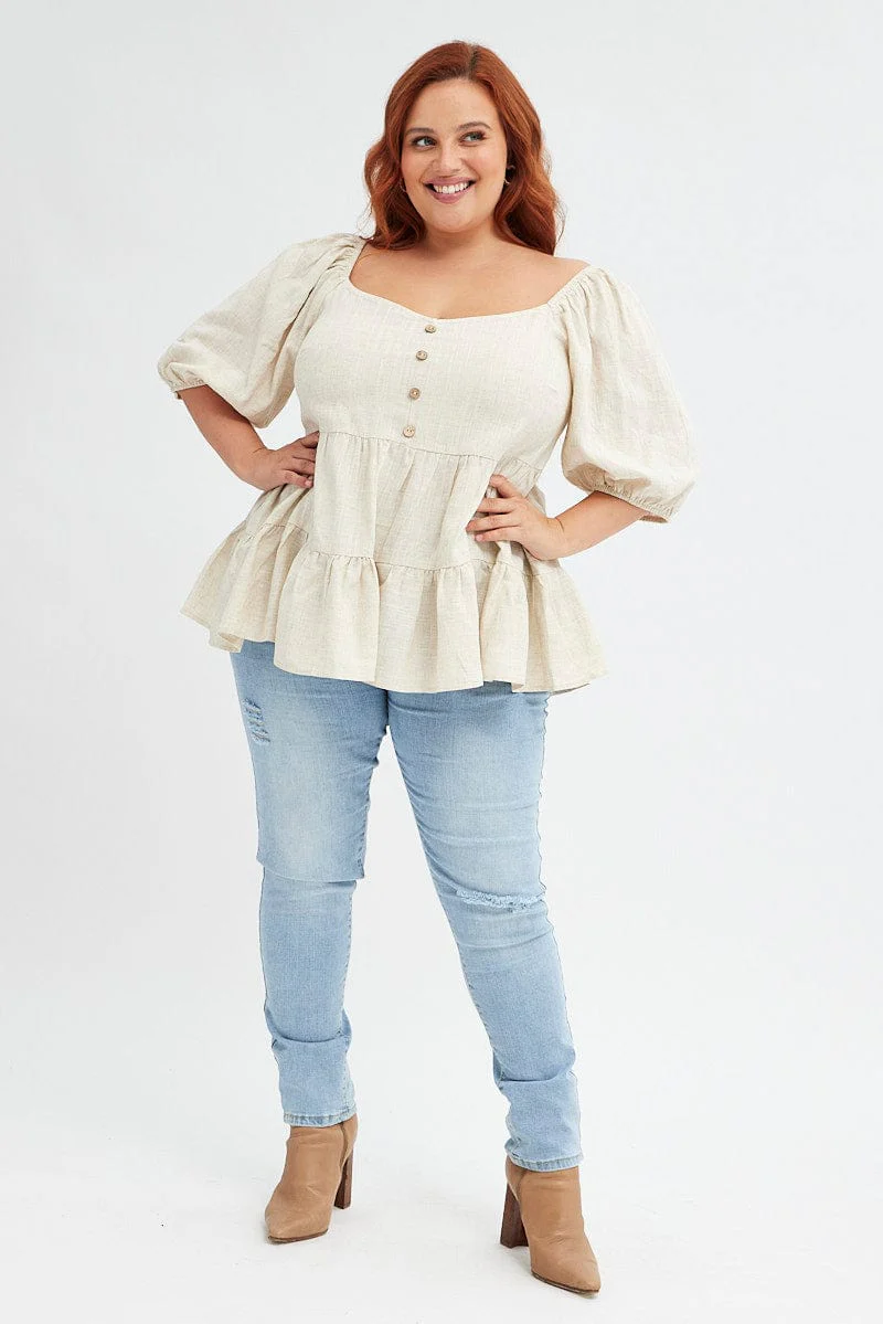Beige Smock Top Short Sleeve Tiered - Image 2