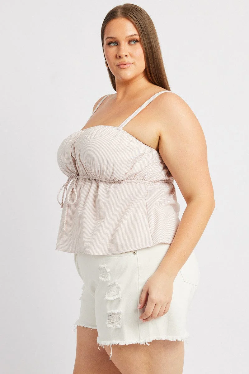 Beige Stripe Cami Top Sleeveless Gathered - Image 4