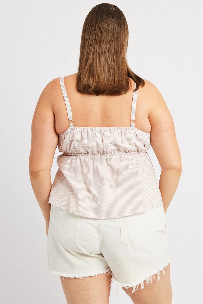 Beige Stripe Cami Top Sleeveless Gathered - Image 5