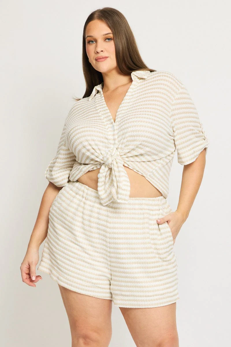 Beige Stripe Elastic Waist Shorts