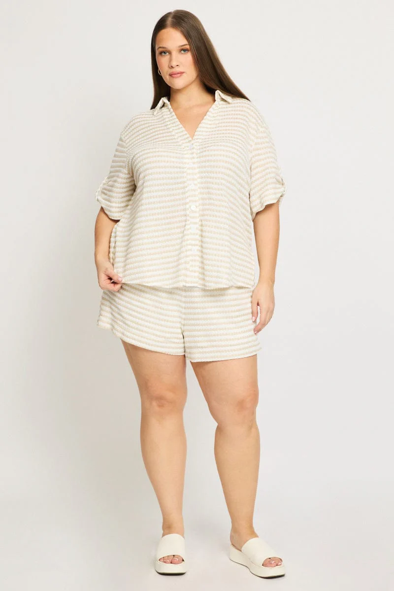 Beige Stripe Elastic Waist Shorts - Image 3
