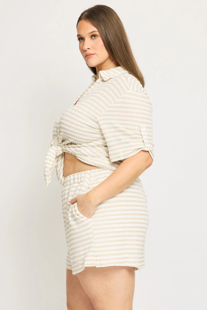 Beige Stripe Elastic Waist Shorts - Image 4