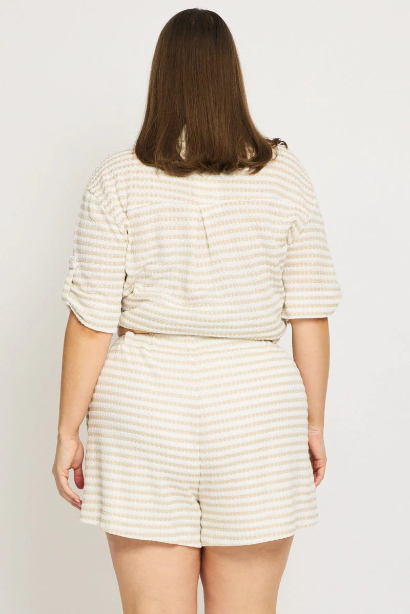 Beige Stripe Elastic Waist Shorts - Image 5