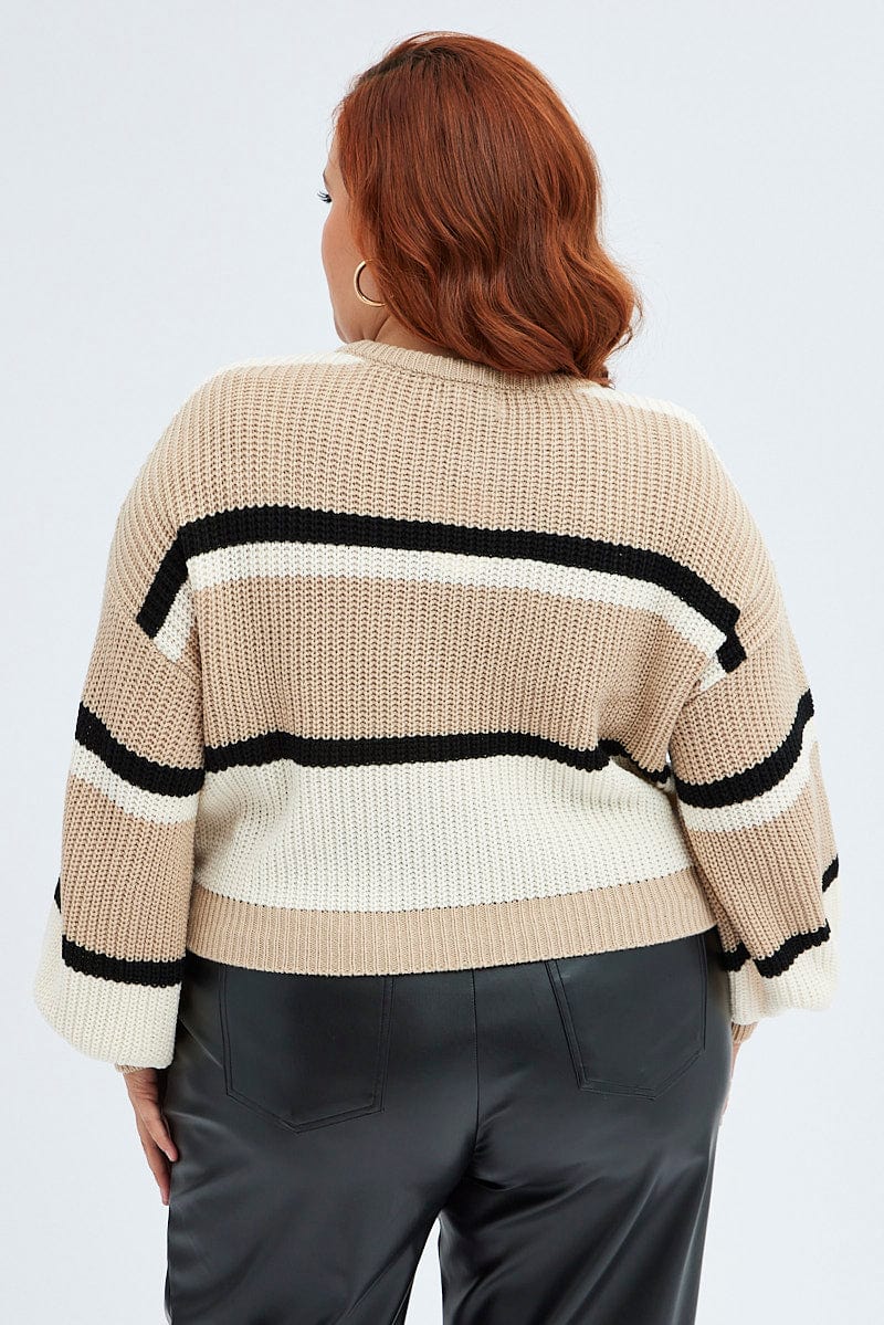 Beige Stripe Knit Jumper Round Neck Long Sleeve - Image 5