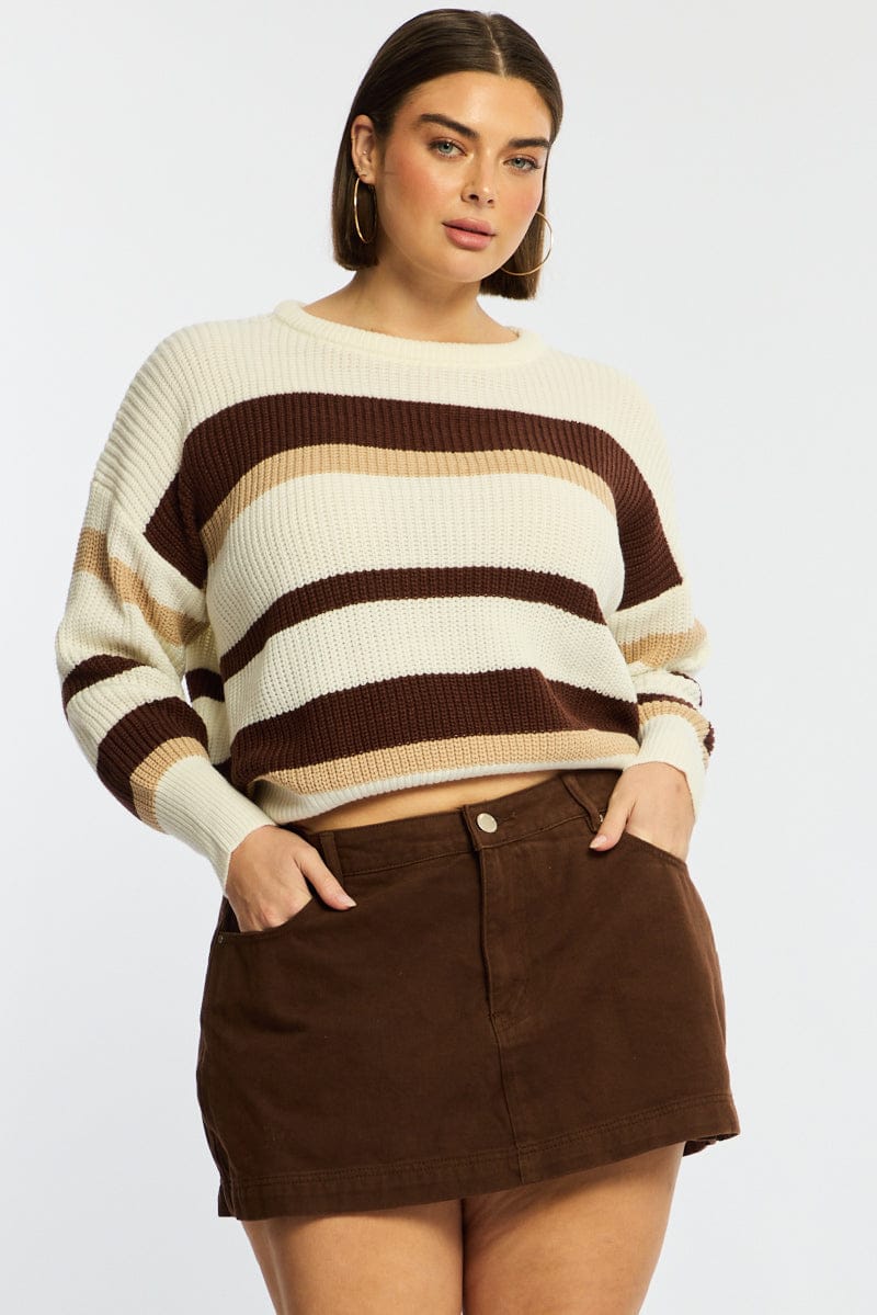 Beige Stripe Knit Top Long Sleeve Color Block - Image 3