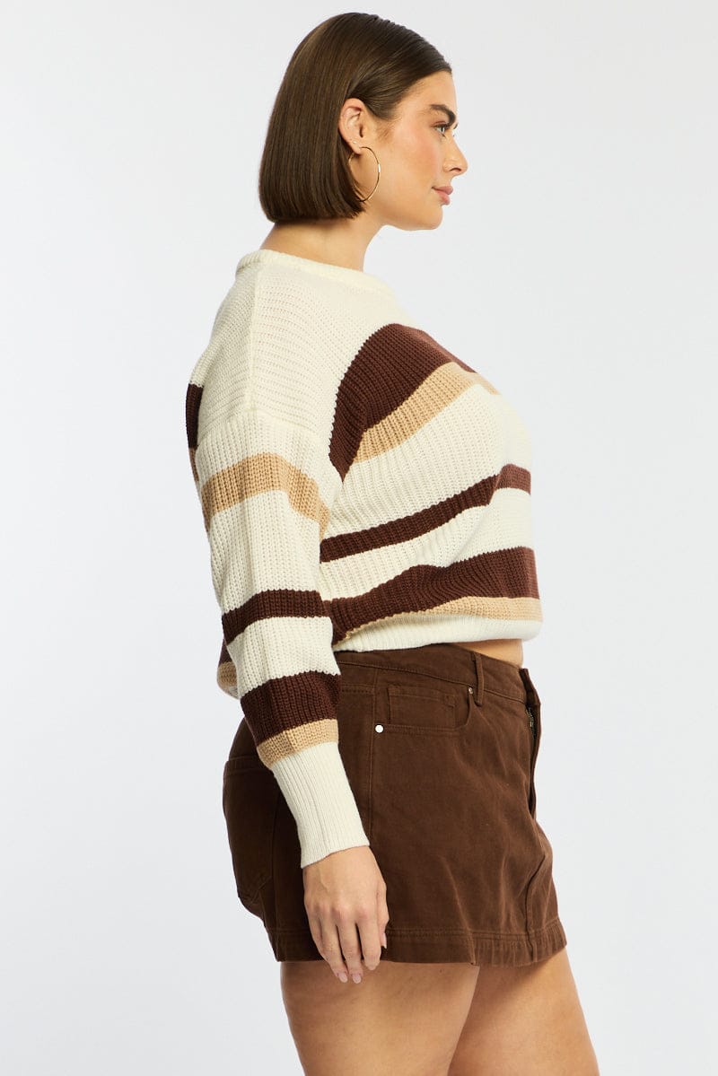 Beige Stripe Knit Top Long Sleeve Color Block - Image 4