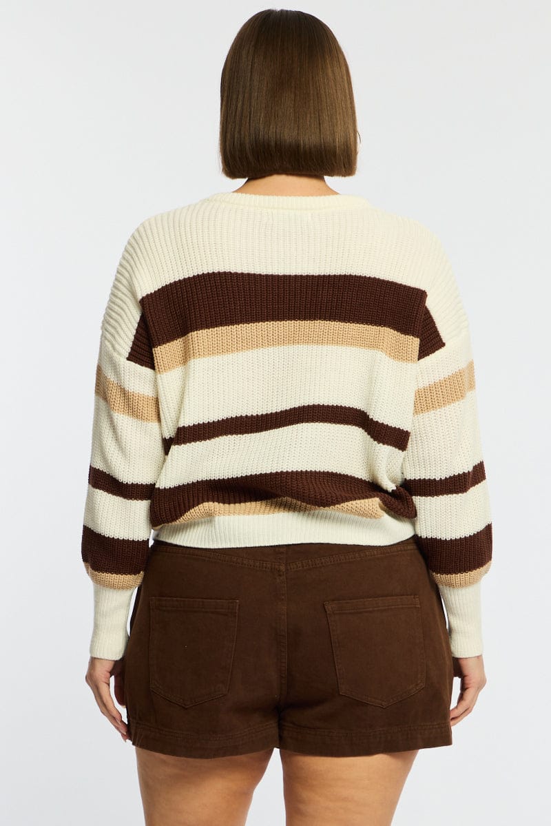 Beige Stripe Knit Top Long Sleeve Color Block - Image 5