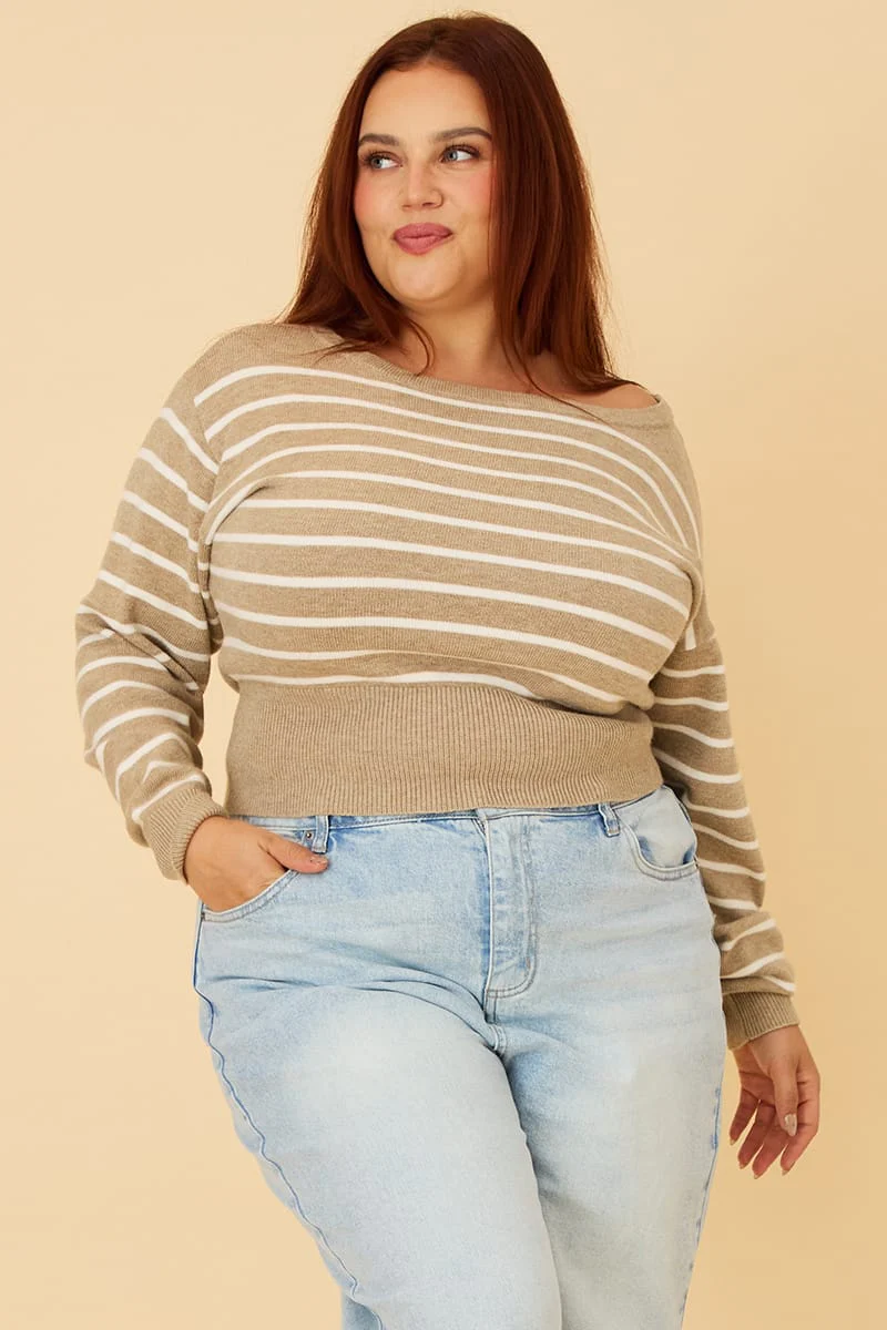 Beige Stripe Knit Top Off Shoulder Long Sleeve