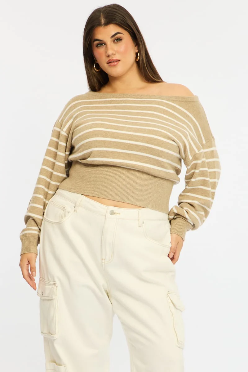 Beige Stripe Knit Top Off Shoulder Long Sleeve - Image 4