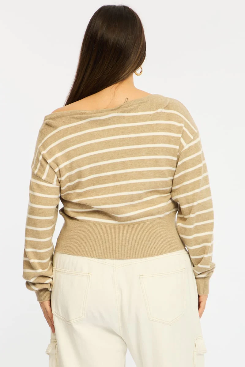 Beige Stripe Knit Top Off Shoulder Long Sleeve - Image 6