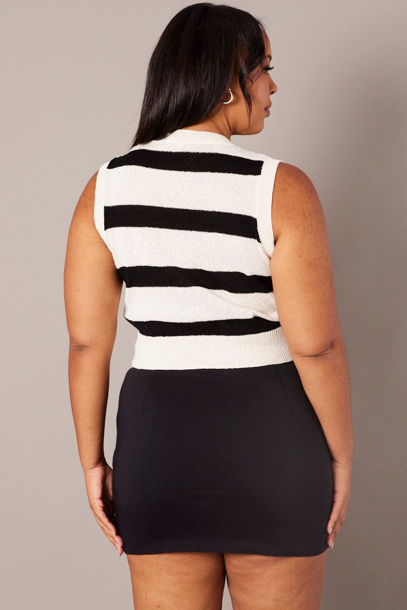 Beige Stripe Knit Vest Sleeveless V-neck Relaxed Fit - Image 5
