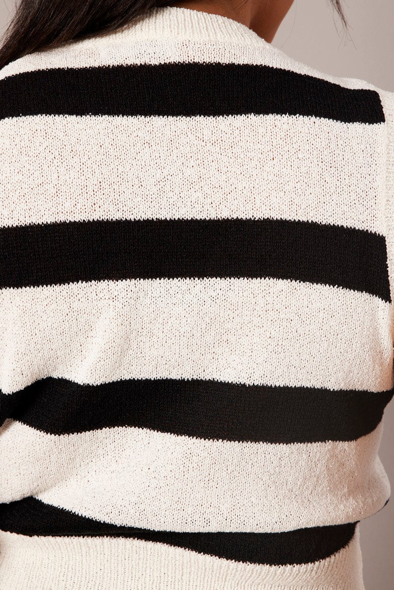 Beige Stripe Knit Vest Sleeveless V-neck Relaxed Fit - Image 6