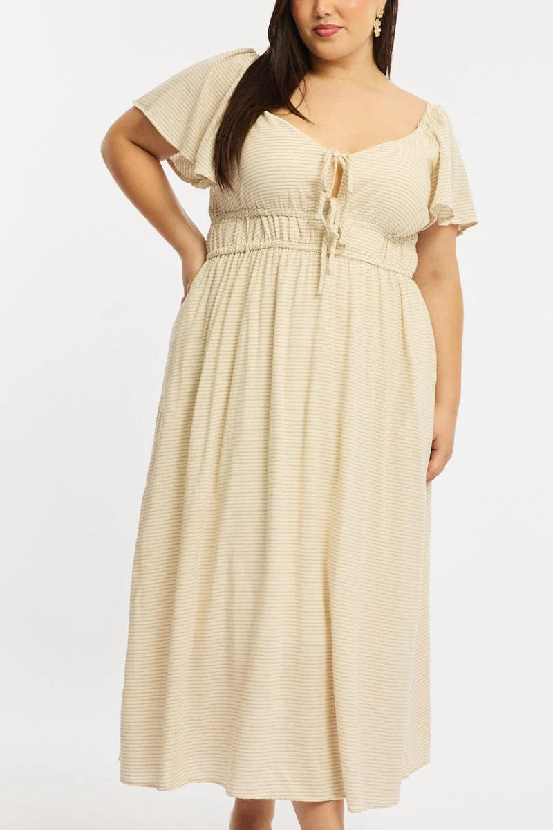 Beige Stripe Maxi Dress Short Sleeve Tie Front - Image 5