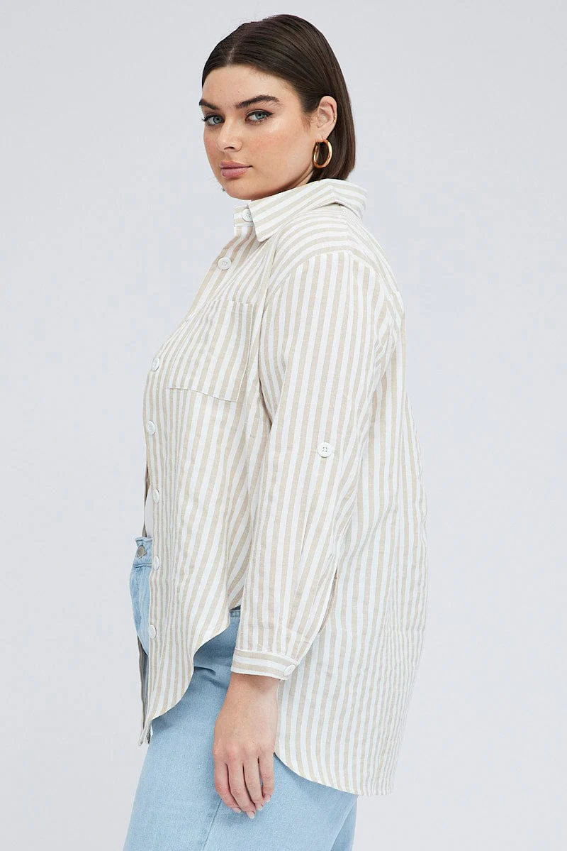 Beige Stripe Relaxed Shirt Long Sleeve Button Up - Image 4
