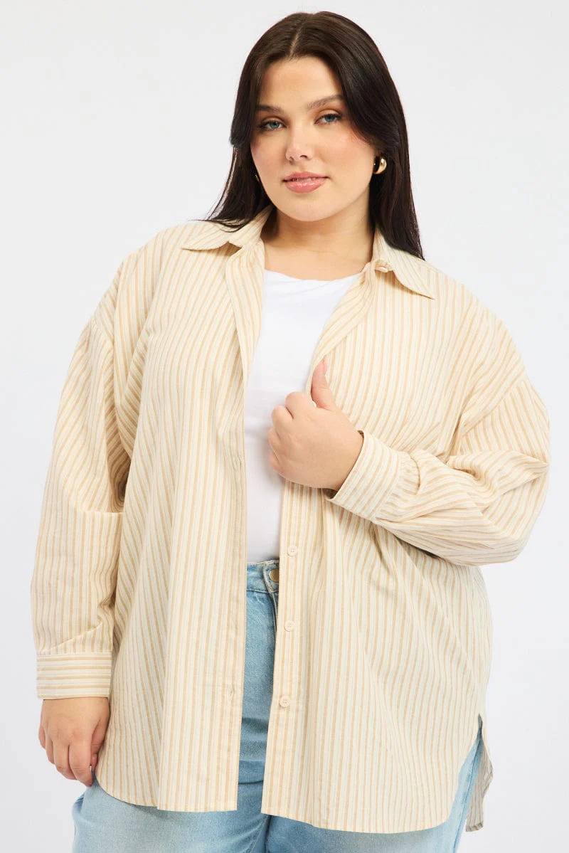Beige Stripe Relaxed Shirt Long Sleeve