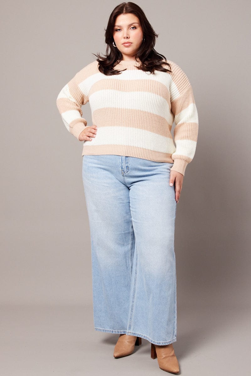Beige Stripe Stripe Knit Jumper Long Sleeve Crew Neck - Image 2