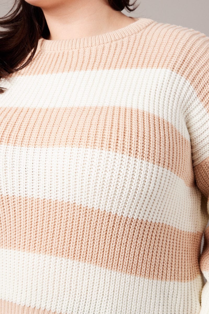 Beige Stripe Stripe Knit Jumper Long Sleeve Crew Neck - Image 6