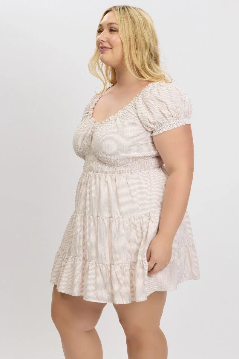 Beige Stripe V Neck Shirred Waist Minidress - Image 4