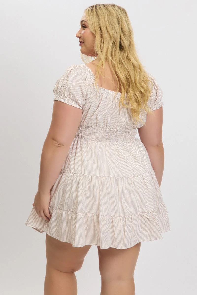 Beige Stripe V Neck Shirred Waist Minidress - Image 5