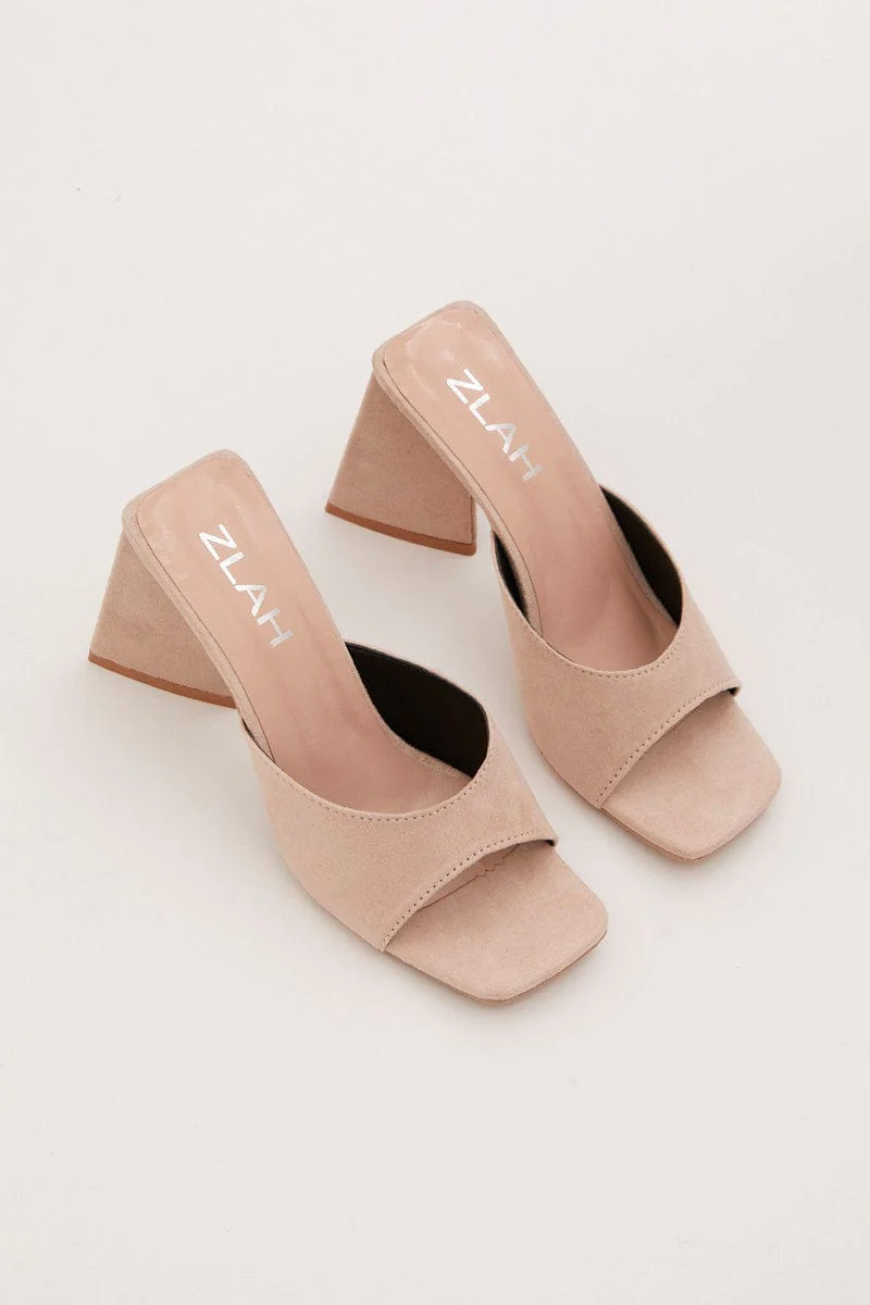 Beige Suede Square Toe High Heeled Mule Sandal - Image 2