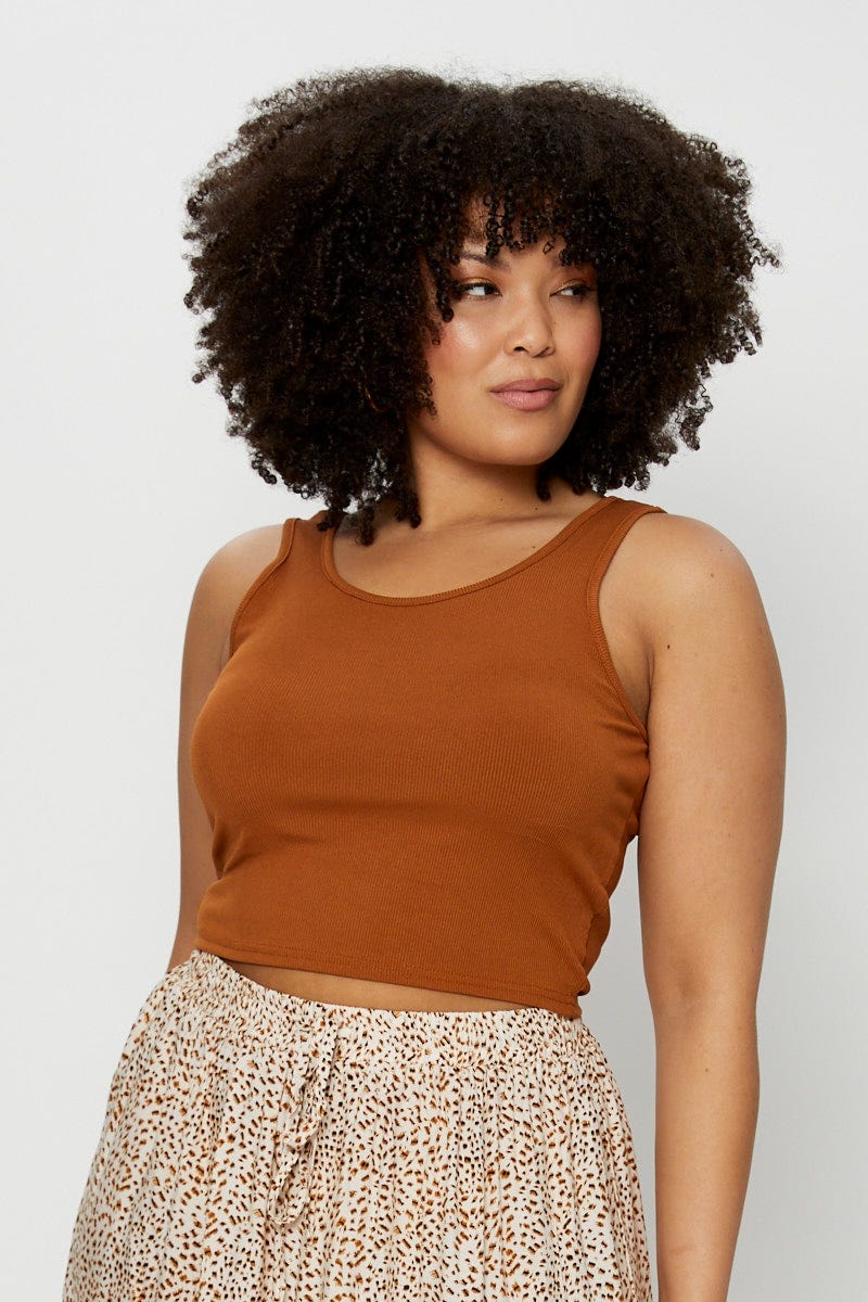 Beige Tank Top Round Neck Sleeveless Rib Crop - Image 3