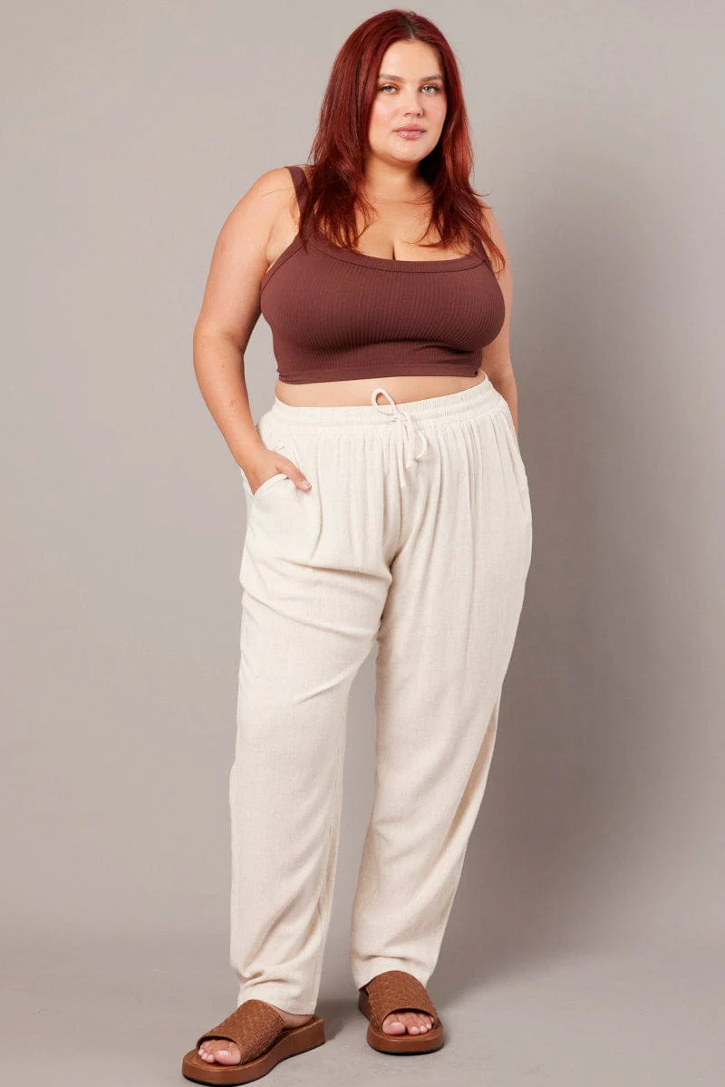 Beige Tapered Pants Elasticated Waist Cropped - Image 2