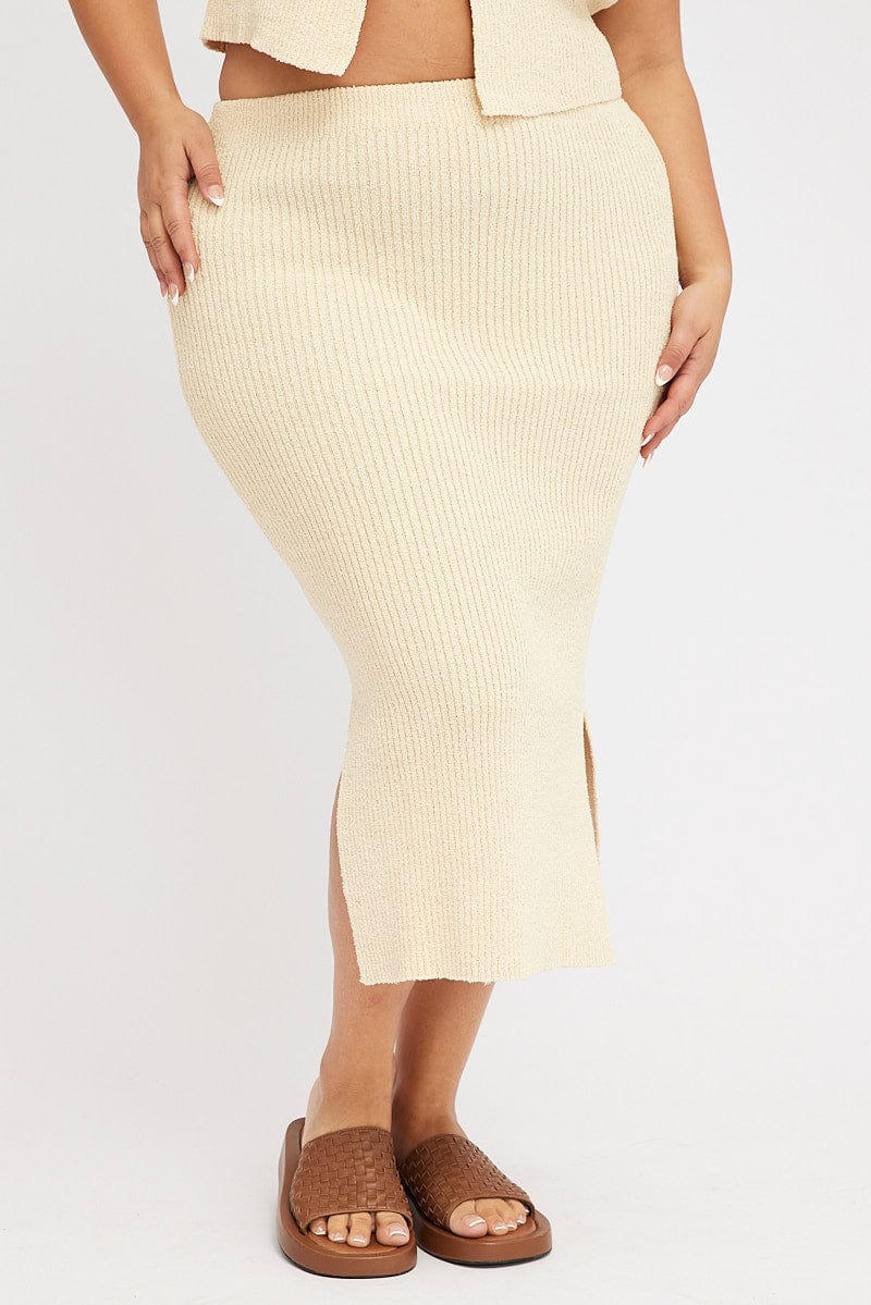 Beige Textured Knit Midi Skirt - Image 2